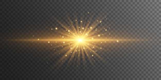 Vector sparkling bright star with horizontal light effect isolated on a dark transparent background golden flash with dynamic rays and flying magical dust lights bokeh vector illustration eps 10