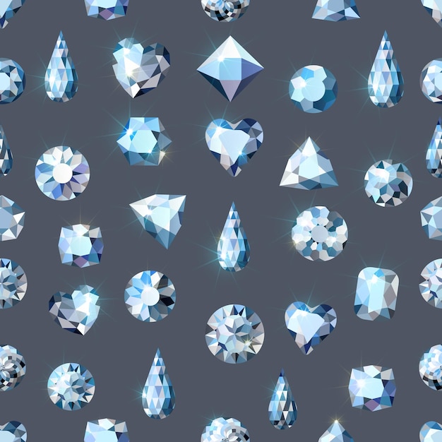 さまざまな形とカットのきらめくダイヤモンド。シームレス パターン。生地の質感。