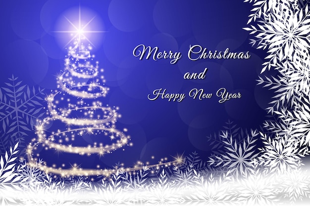Sparkling gold and silver lights Christmas tree. Merry Christmas and Happy New Year greeting message on blue background,snow flakes,bright lights decoration
