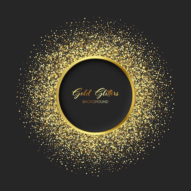 Sparkling golden glitter texture round frame. Shiny banner