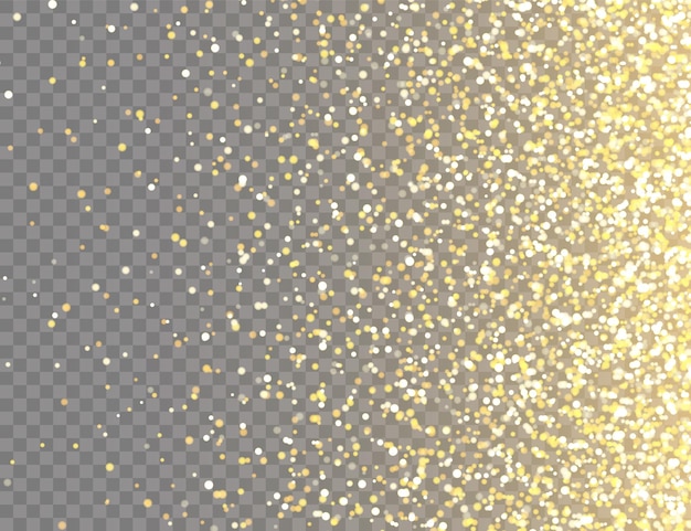 Блестящий золотой блеск с огнями боке на прозрачном векторном фоне падающий блестящий конфетти