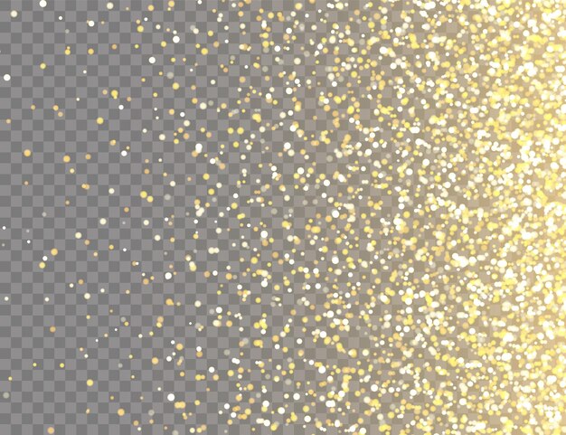 Scintillante luccichio dorato con luci bokeh su sfondo vettoriale trasparente cadendo confetti lucidi