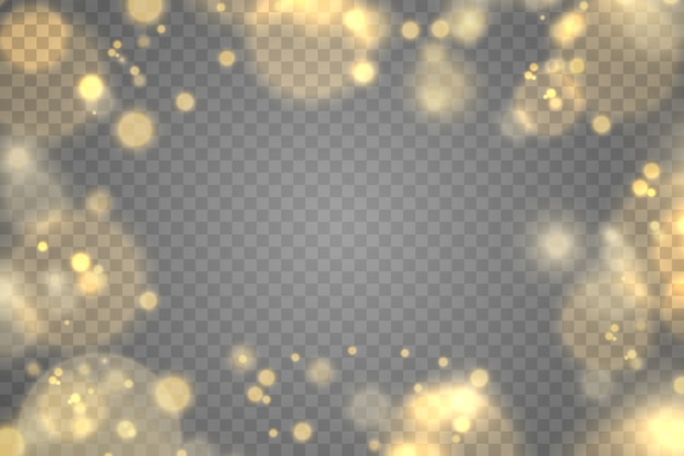 Sparkling golden magic dust particles bokeh on transparent background, sparkle, shine lights, yellow dust sparks and star shine with special light