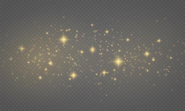 Сверкающие золотые волшебные частицы пыли сверкают светло-желтыми искрами, звездным блеском, рождественским блеском