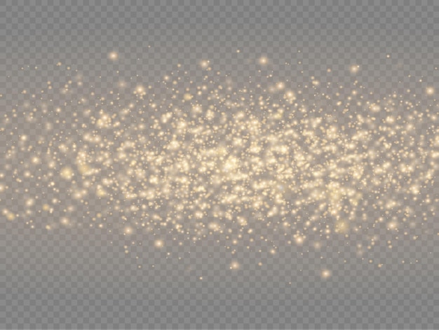Le scintillanti particelle di polvere magica dorata scintillano brillano luci di polvere gialla, scintille e stelle