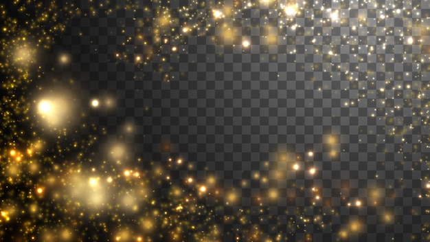 Сверкающие золотые частицы, светящиеся боке огни, изолированные на темном прозрачном фоне