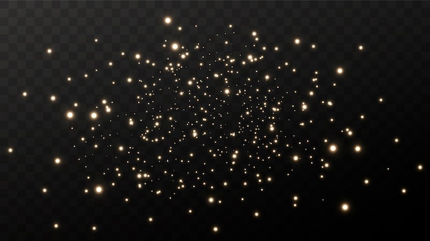 Sparkling magical dust. On a textural black background. Celebration abstract background made of golden glittering dust particles. Magical effect. Golden stars.