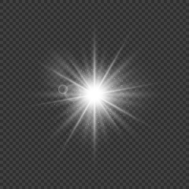 Vettore una stella scintillante e splendente, un lampo luminoso di luci con radiazione. un elemento bianco scintillante luminoso con riflessi e raggi su uno sfondo scuro trasparente vector eps 10