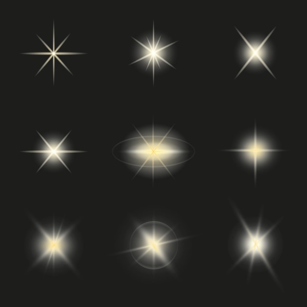 sparkling stars flickering and flashing lights set of different light effects on black background