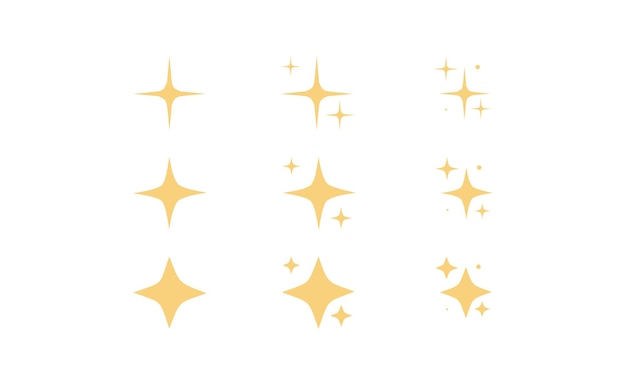 Сверкающие звезды и блестящие блестящие звезды устанавливают плоскую векторную иллюстрацию.