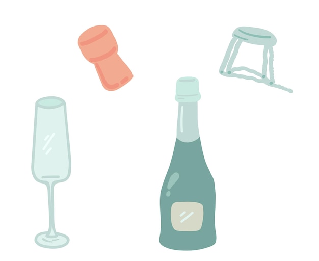 Vector sparkling wine champaign flat design set