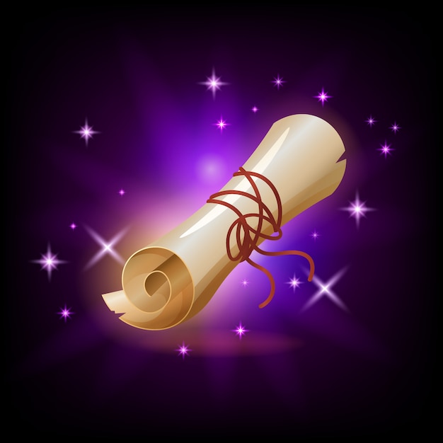 Sparkly paper scroll icon for game or mobile app against dark