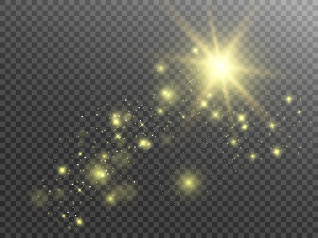 스파크와 황금 별이 반짝이는 특수 조명 효과. 투명 배경에 반짝임. 추상 패턴입니다. 반짝이는 마법 가루 입자