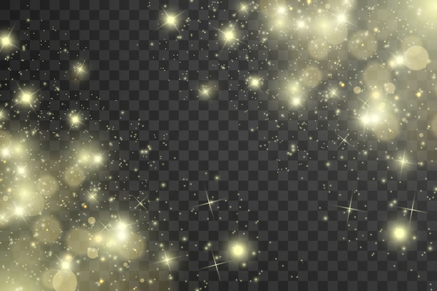 火花と金色の星が特別な光の効果を輝かせます。透明な背景にきらめきます。クリスマスの抽象的なパターン。きらめく魔法のほこりの粒子。
