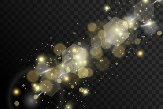 火花と金色の星が特別な光の効果を輝かせます。透明な背景にきらめきます。きらめく魔法のほこりの粒子