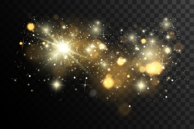 스파크와 황금 별이 반짝이는 특수 조명 효과. 투명 배경에 반짝임.