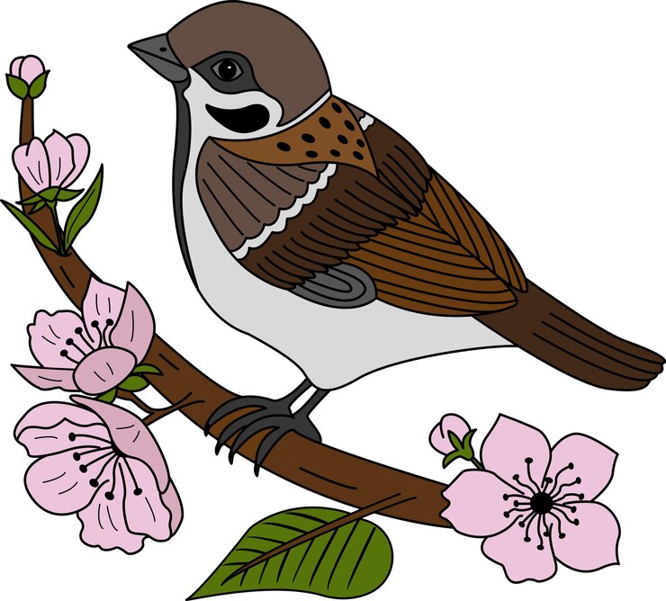 Vector sparrow on a cherry branch for a coloring book