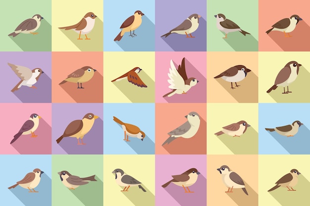 Vector sparrow icons set flat vector fly bird house tree