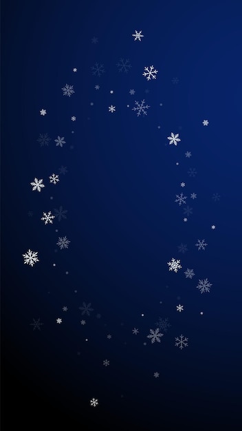 Sparse snowfall Christmas background. Subtle flying snow flakes and stars on dark blue background. Admirable winter silver snowflake overlay template. Dramatic vertical illustration.