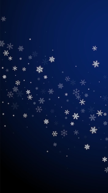 Sparse snowfall Christmas background. Subtle flying snow flakes and stars on dark blue background. Alive winter silver snowflake overlay template. Superb vertical illustration.