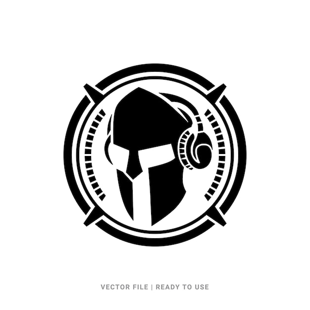 Sparta helmet with headphone badge logo icon design vector Logo concept for sound and audio