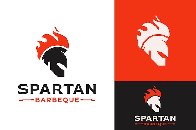 Vettore spartan gladiator helmet hot fire flame barbeque logo design branding template