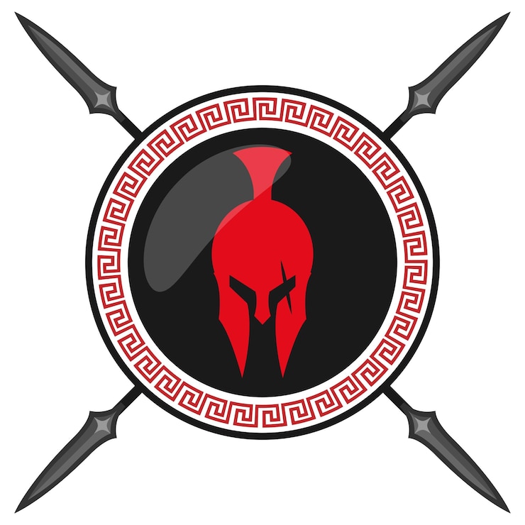 Vector spartan helmet on shield with spears and shield with greece lambda symbol illustration vector