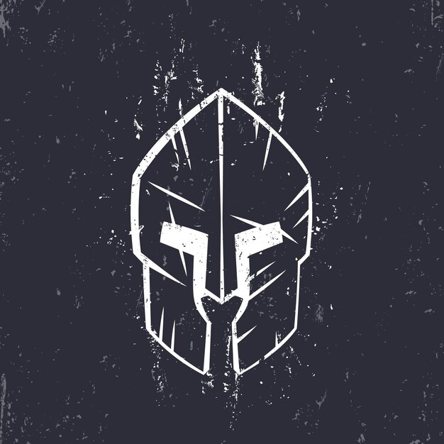 Spartan helmet with scratches, front view, vector illustration