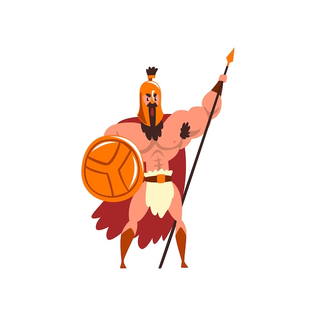Spartan muscular warrior in golden armor and red cape ancient soldier character with shield and spear vector Illustration isolated on a white background
