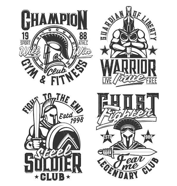 Stampe t-shirt spartani, gladiatori e romani. abbigliamento da palestra, fitness e club di combattimento design personalizzato stampe vettoriali con antichi guerrieri greci in armatura, spada corta xiphos armata e shied