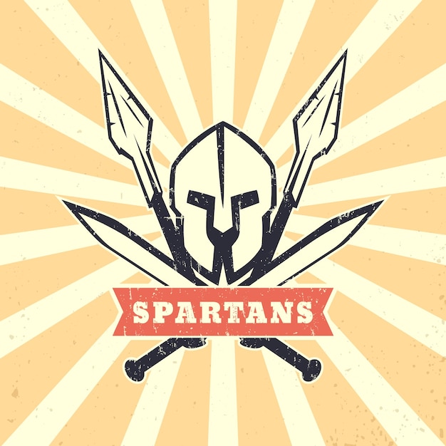 Emblema del segno logo spartans con elmo spartano spade incrociate e lance illustrazione vettoriale