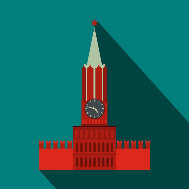 Vector spasskaya toren van het kremlin van moskou icoon in vlakke stijl op een blauwe achtergrond