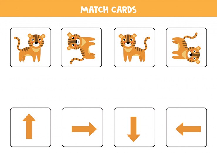 Vector spatial orientation for kids. cute cartoon tiger in different orientation.
