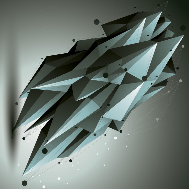 Vector spatial technological contrast shape, polygonal single color wireframe object.