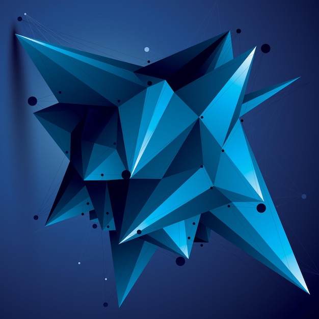 공간 벡터 파란색 디지털 개체, 기하학적 요소와 와이어프레임이 있는 3d 기술 그림.