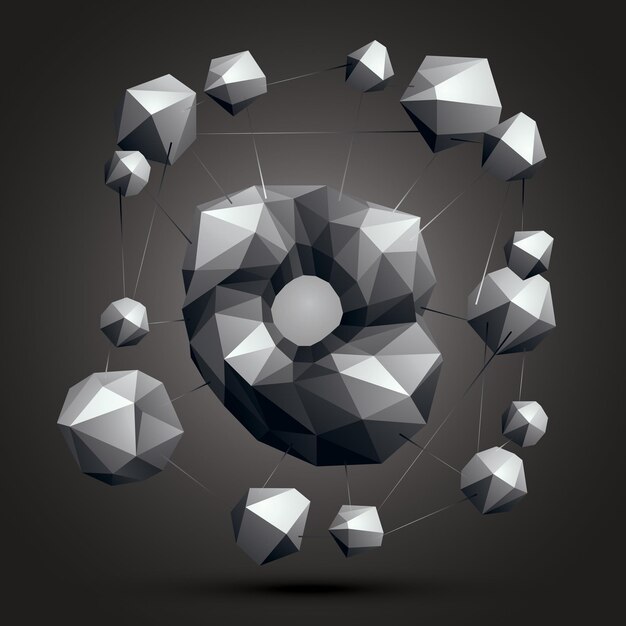 Vector spatial vector monochrome object isolated, 3d technology figure with geometric gray elements.