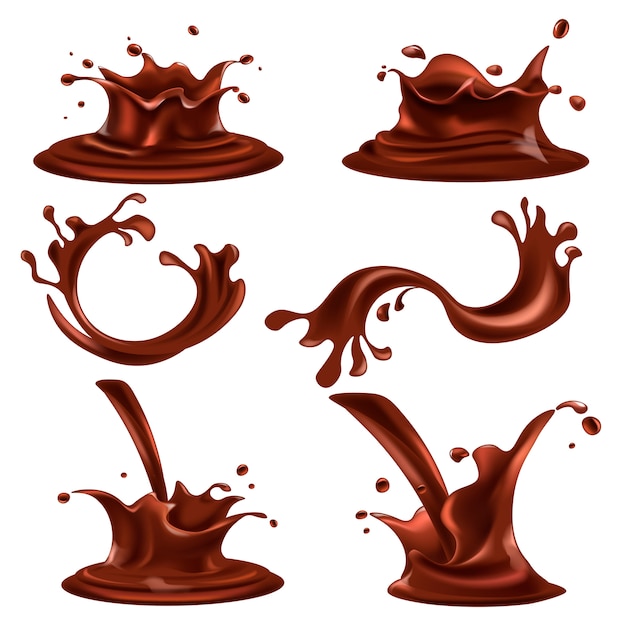 Spatten en druppels van donkere chocolade illustraties instellen