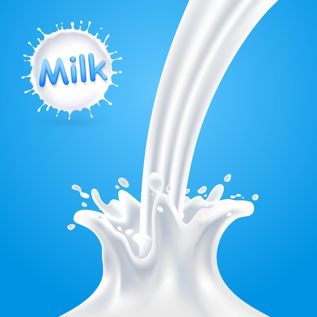 Spatten van melk, Melk splash blauwe achtergrond, Vector illustratie