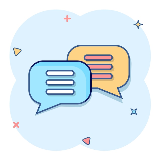 Speak chat sign icon in comic style Speech bubbles cartoon vector illustration on white isolated background Team discussion button splash effect business concept