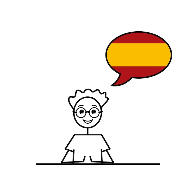 Speak spanish cartoon boy with speech bubble in flag of Spain colors male character learning castilian language vector illustration espanol black line sketch