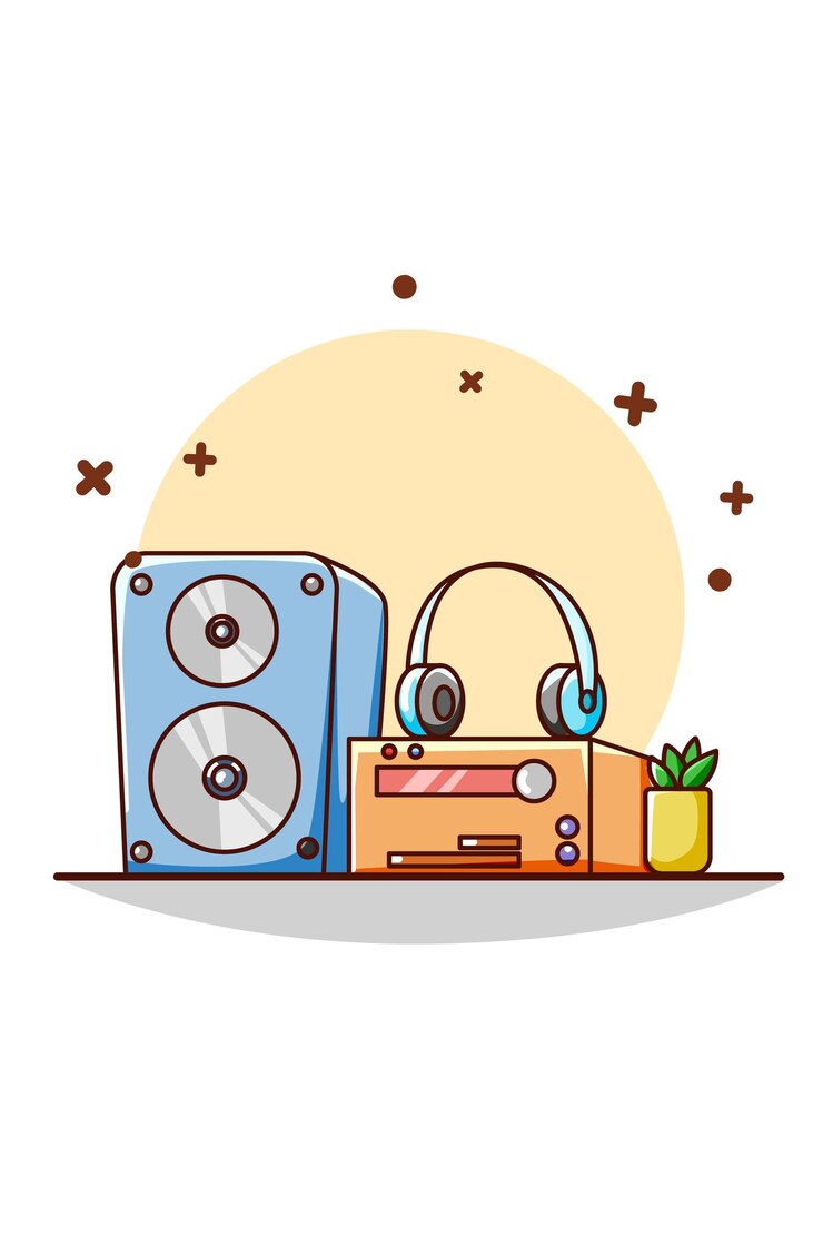 Vector スピーカー、ヘッドセット、音楽エンジンのアイコン漫画イラスト
