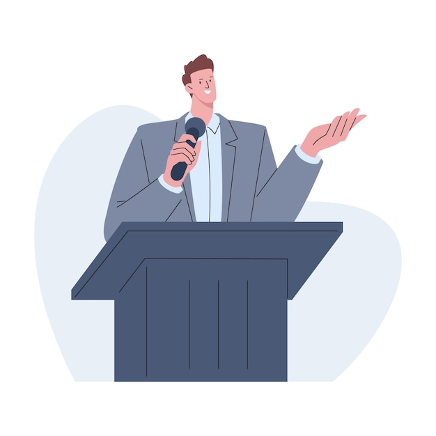 Vector speaker on lecture talk from stage training or seminar politician speech business leader professor man with microphone kicky vector scene