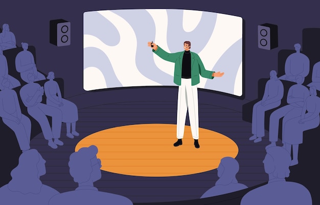 Speaker lecturing on stage at conference Man during public speech and presentation in front of audience Presenter speaks to people Lecturer in spotlight at education event Flat vector illustration