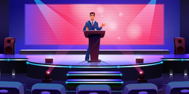 Speaker on modern stage in conference hall screen