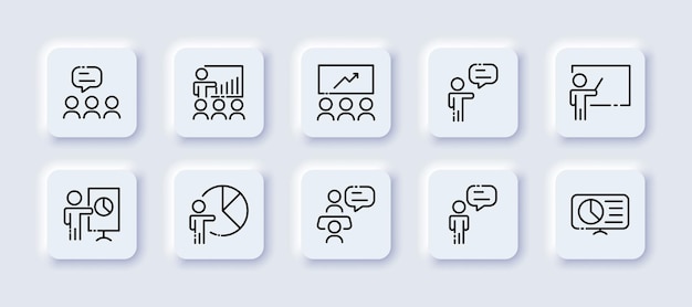 Speaker neomorphic line icons set Performance speech bubble exclamation mark person speaker business ideas news important announcement business concept Vector neomorphic icons