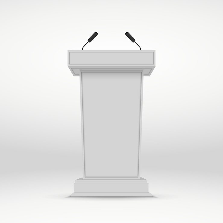 Vector speaker podium. white tribune rostrum stand with microphones.