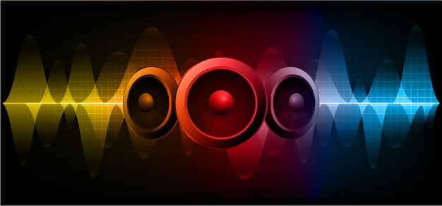 speaker and Sound waves oscillating dark blue red yellow light