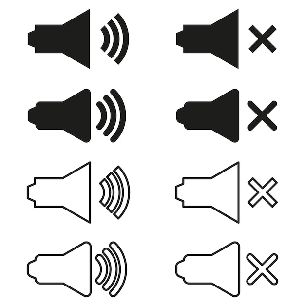 Speaker volume icons Sound on and off Audio control symbols Mute and loud options Vector