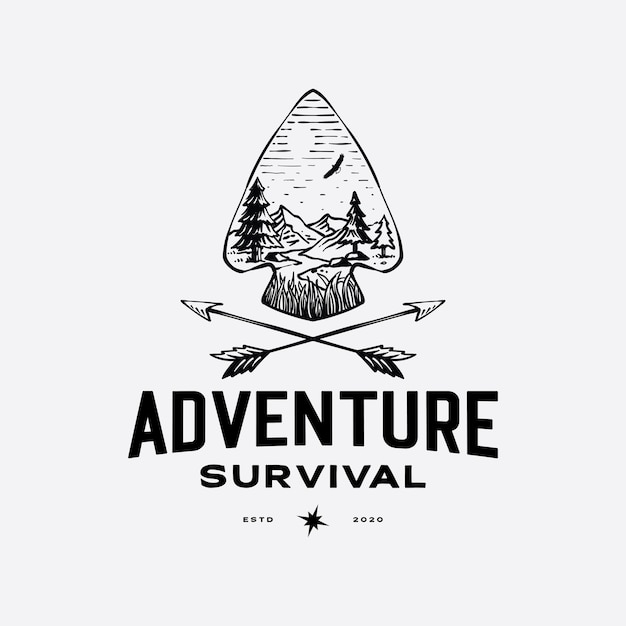 レトロな冒険のロゴのテンプレートの屋外風景と槍の頭と矢印