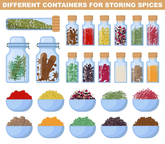 Vector specerijen en kruiden in containers, potten en kommen heerlijk voedselingrediënt